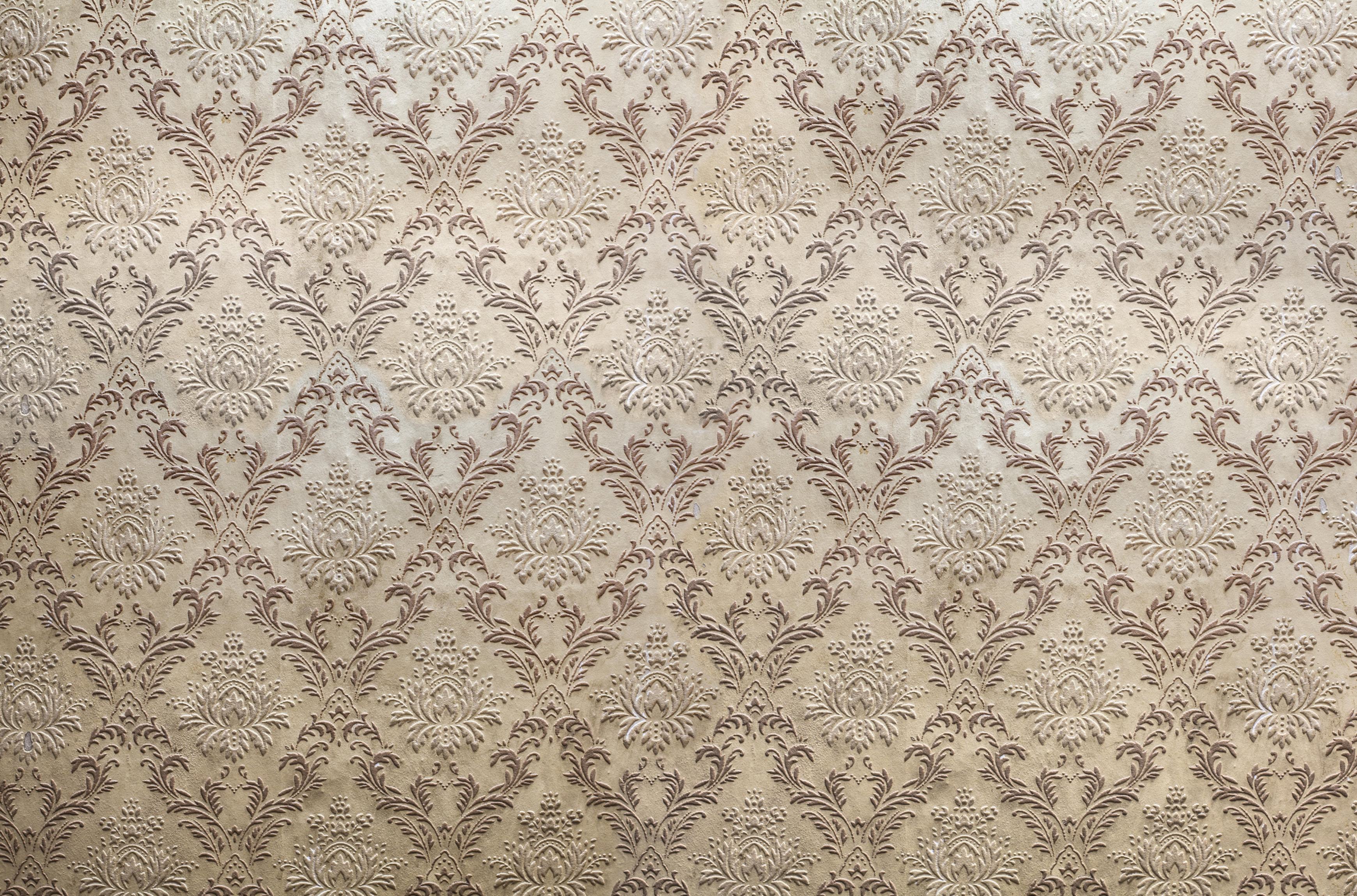 Antique Damask wallpaper in taupe and gold