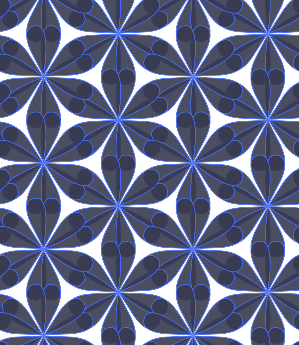 Midnight Petals, peel and stick wallpaper, elegant geometric wallpaper featuring symmetrical petal motifs and starburst