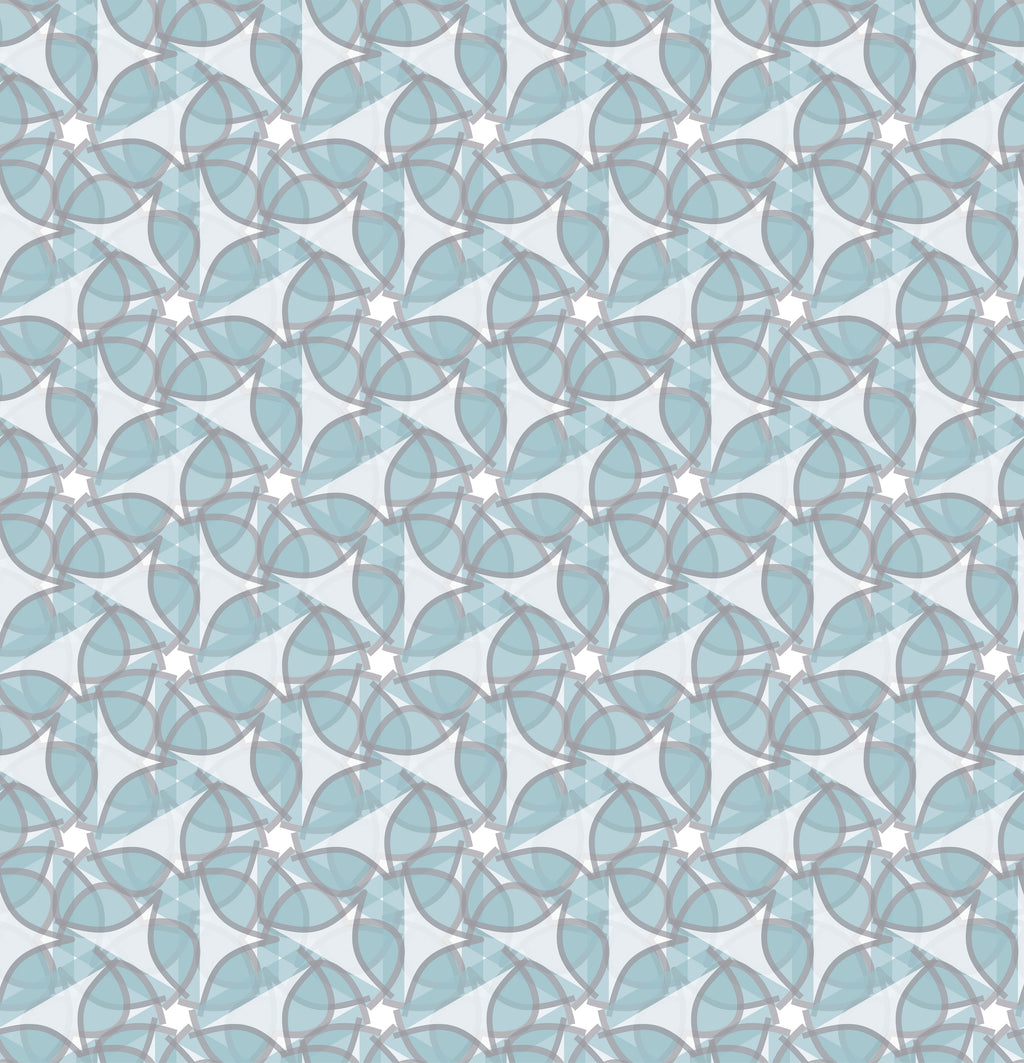 Arctic Bloom, peel and stick wallpaper, layered geometric wallpaper featuring translucent petal shapes and star-like forms