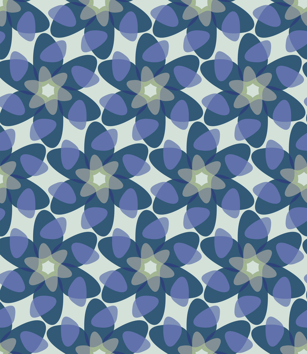 Indigo Petals, peel and stick wallpaper, abstract floral wallpaper featuring overlapping petal shapes in layered indigo