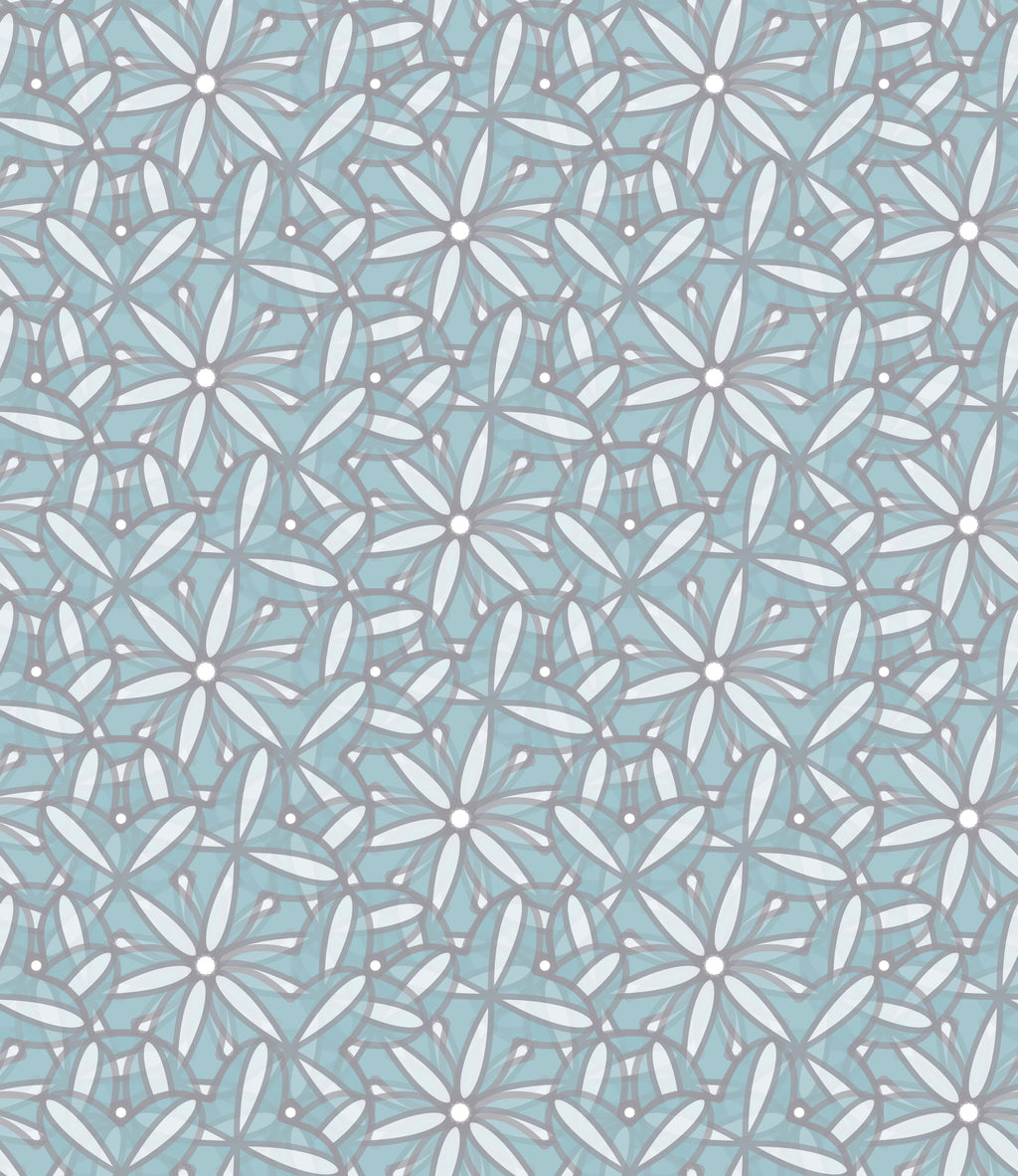 Aqua Blossom, peel and stick wallpaper, fresh floral geometric wallpaper featuring overlapping petal shapes in soft white