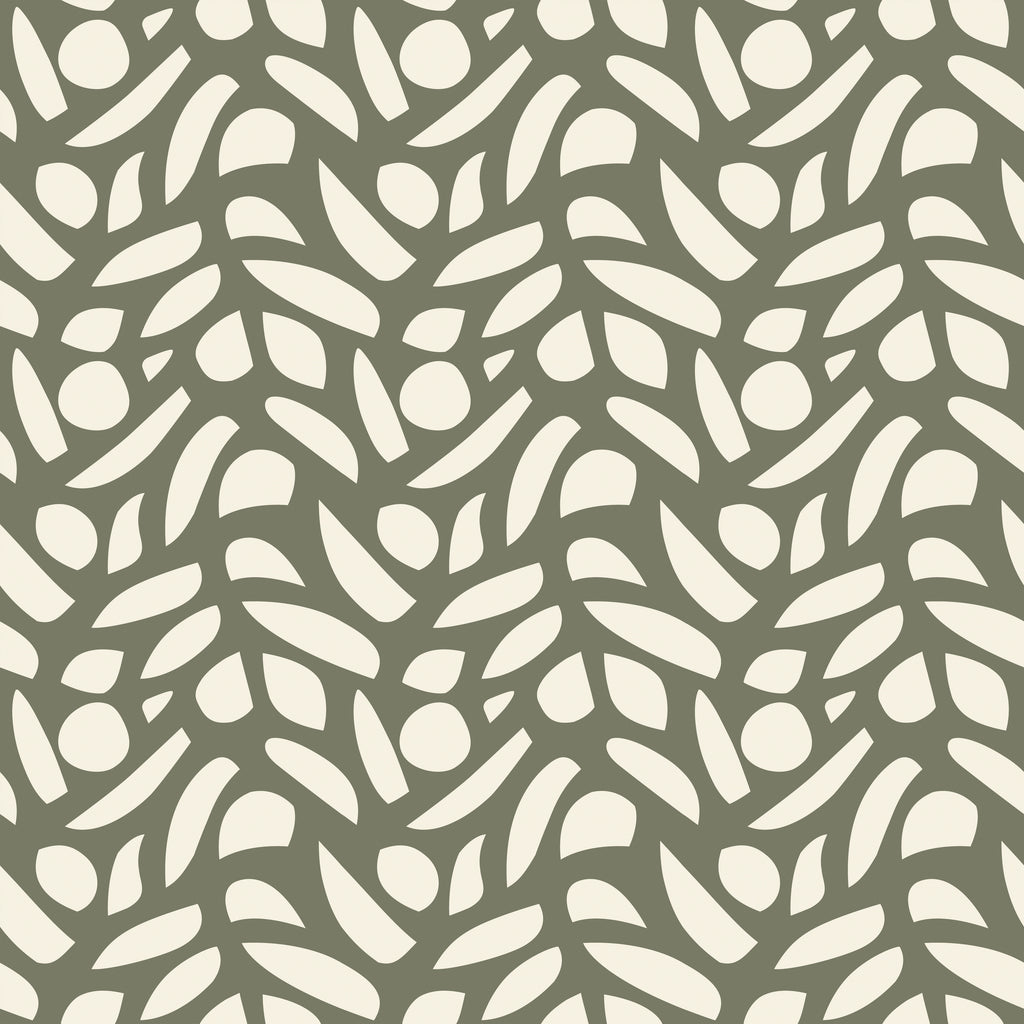 Olive Mosaic, peel and stick wallpaper, modern abstract wallpaper featuring organic cut-out shapes arranged in a repeating