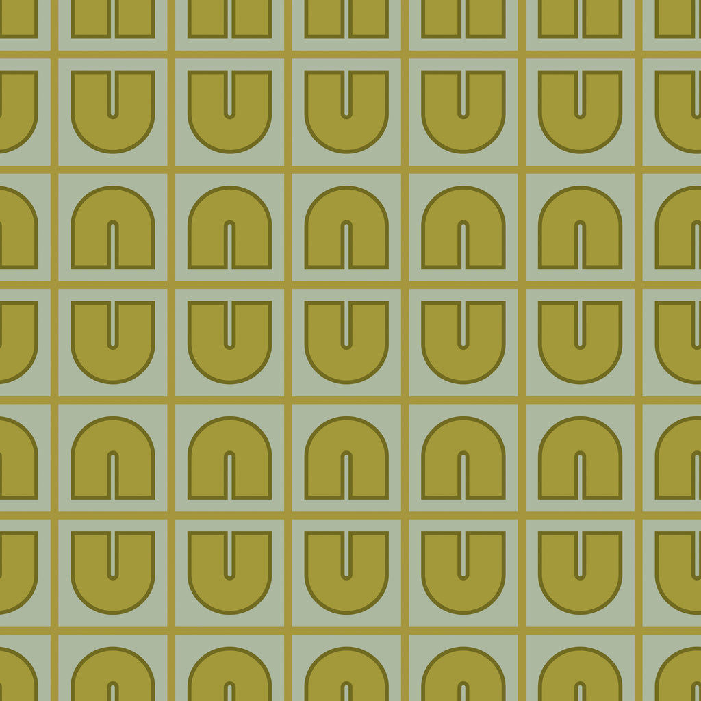 Golden Arches, peel and stick wallpaper, retro geometric wallpaper featuring repeating arch motifs arranged in a tidy grid