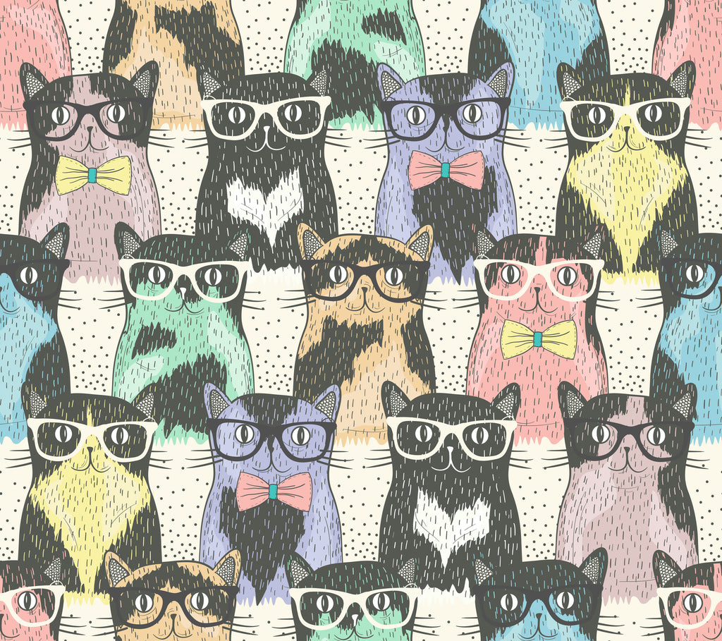 Hipster Cats, peel and stick wallpaper, stylish illustrated cats wearing glasses and bow ties form a playful repeating