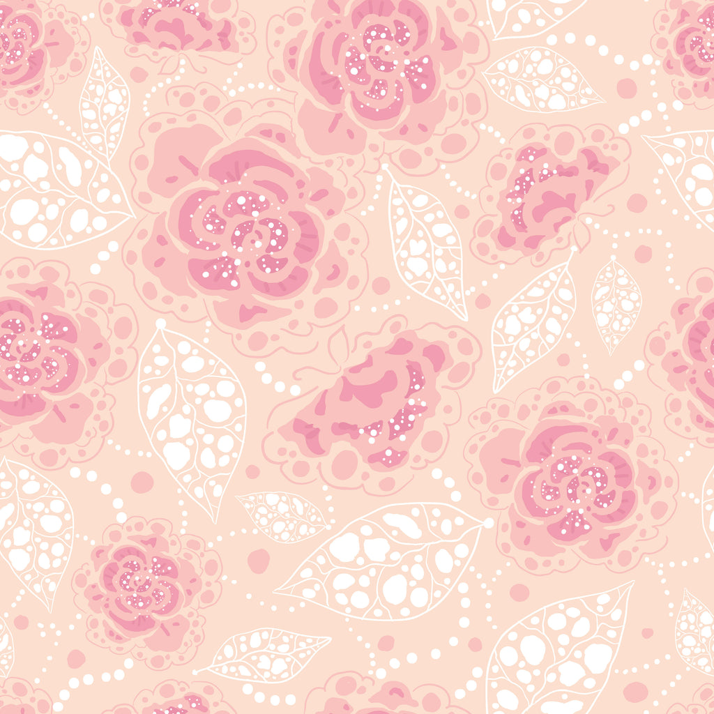 Rose Meadow, peel and stick wallpaper, soft blooming roses and delicate leaves create a romantic garden-inspired pattern