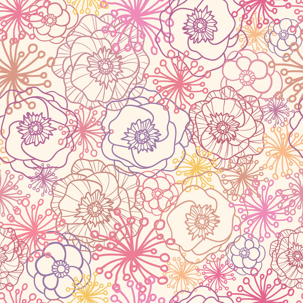 Garden Sketch, peel and stick wallpaper, playful floral outlines bloom across a soft background, creating a cheerful