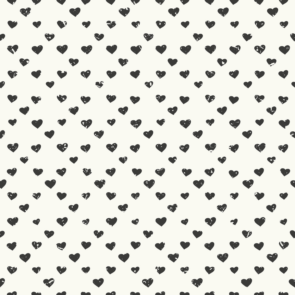 Ink Hearts, peel and stick wallpaper, small hand-drawn hearts scatter across a soft neutral background, creating a playful