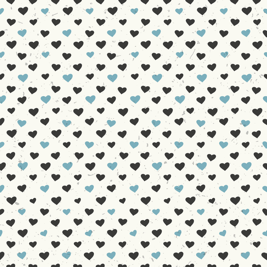 Teal Hearts, peel and stick wallpaper, tiny black and teal hearts repeat across a soft neutral background