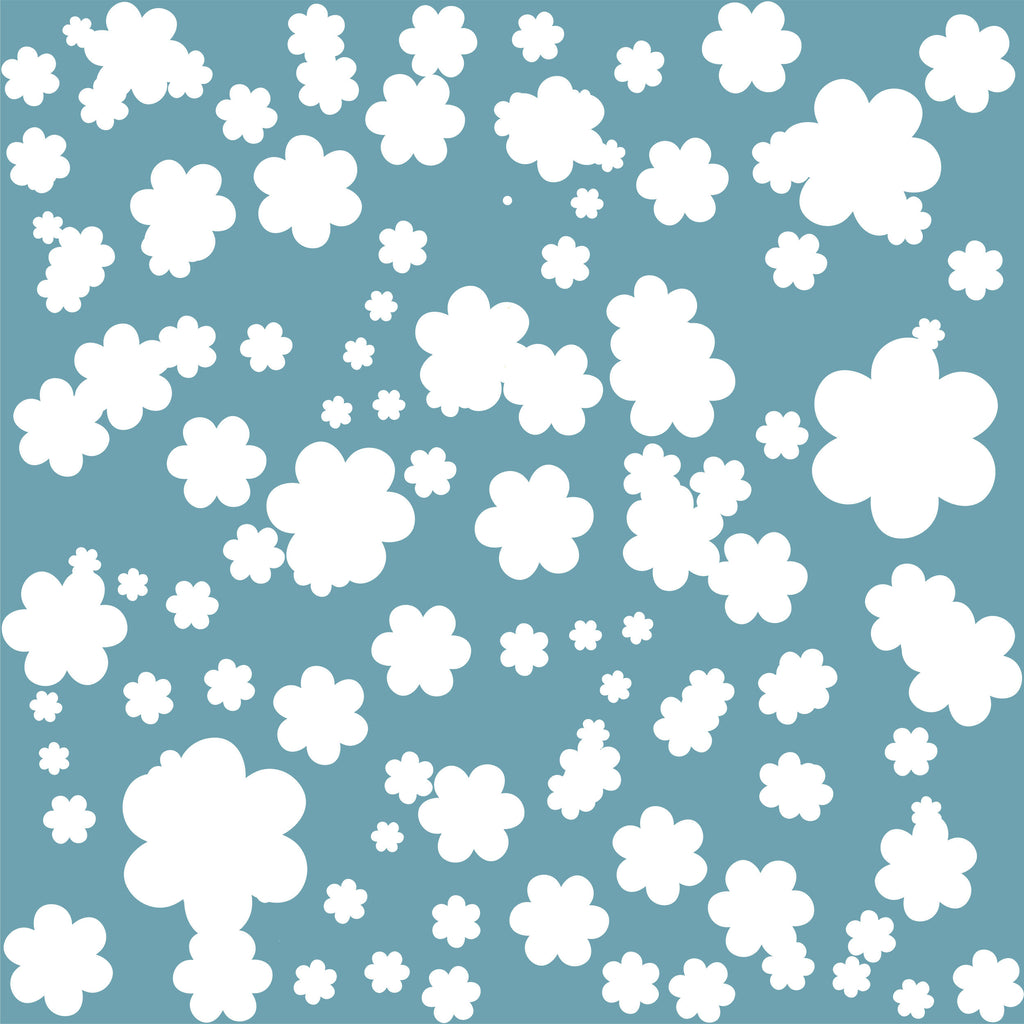 Cloud Confetti, peel and stick wallpaper, playful cloudlike florals float across a calm blue backdrop