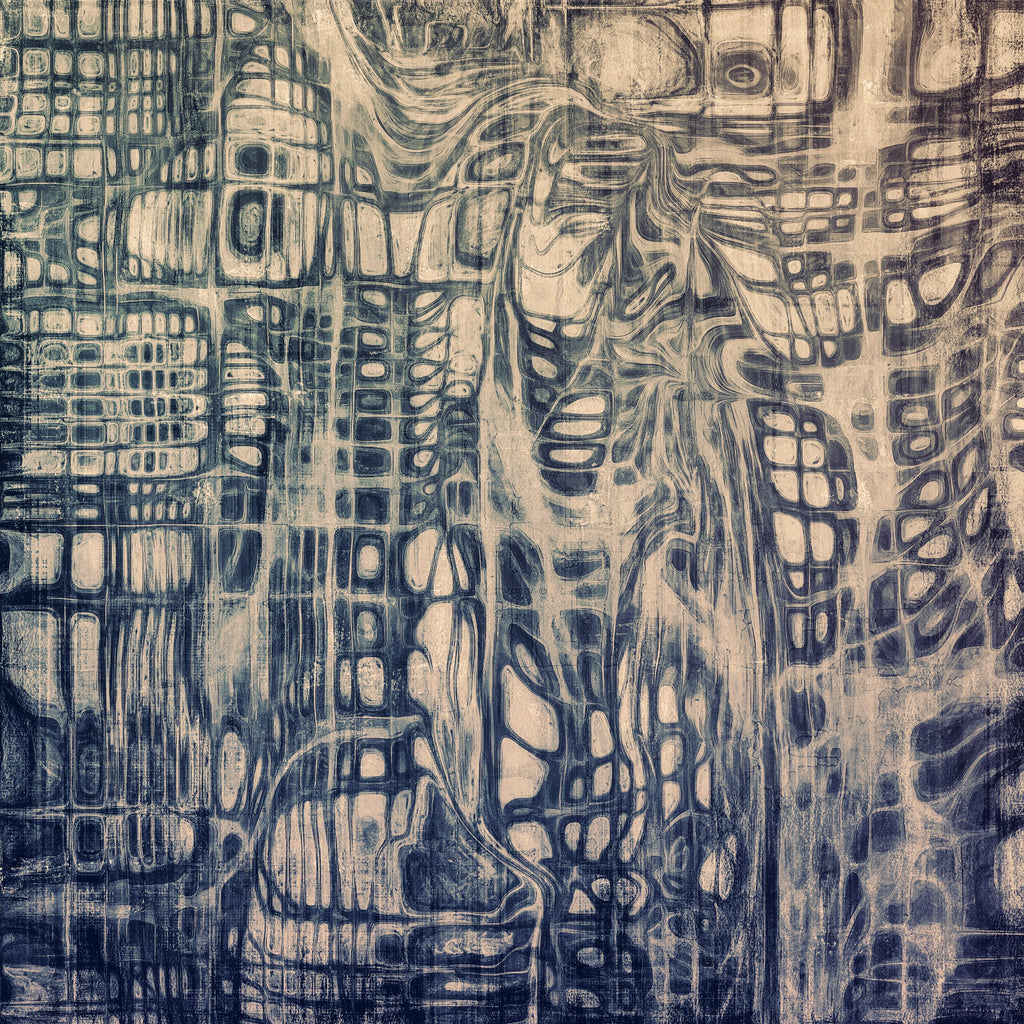 Indigo Mosaic, peel and stick wallpaper, intricate abstract lines and layered geometric textures create a bold indigo