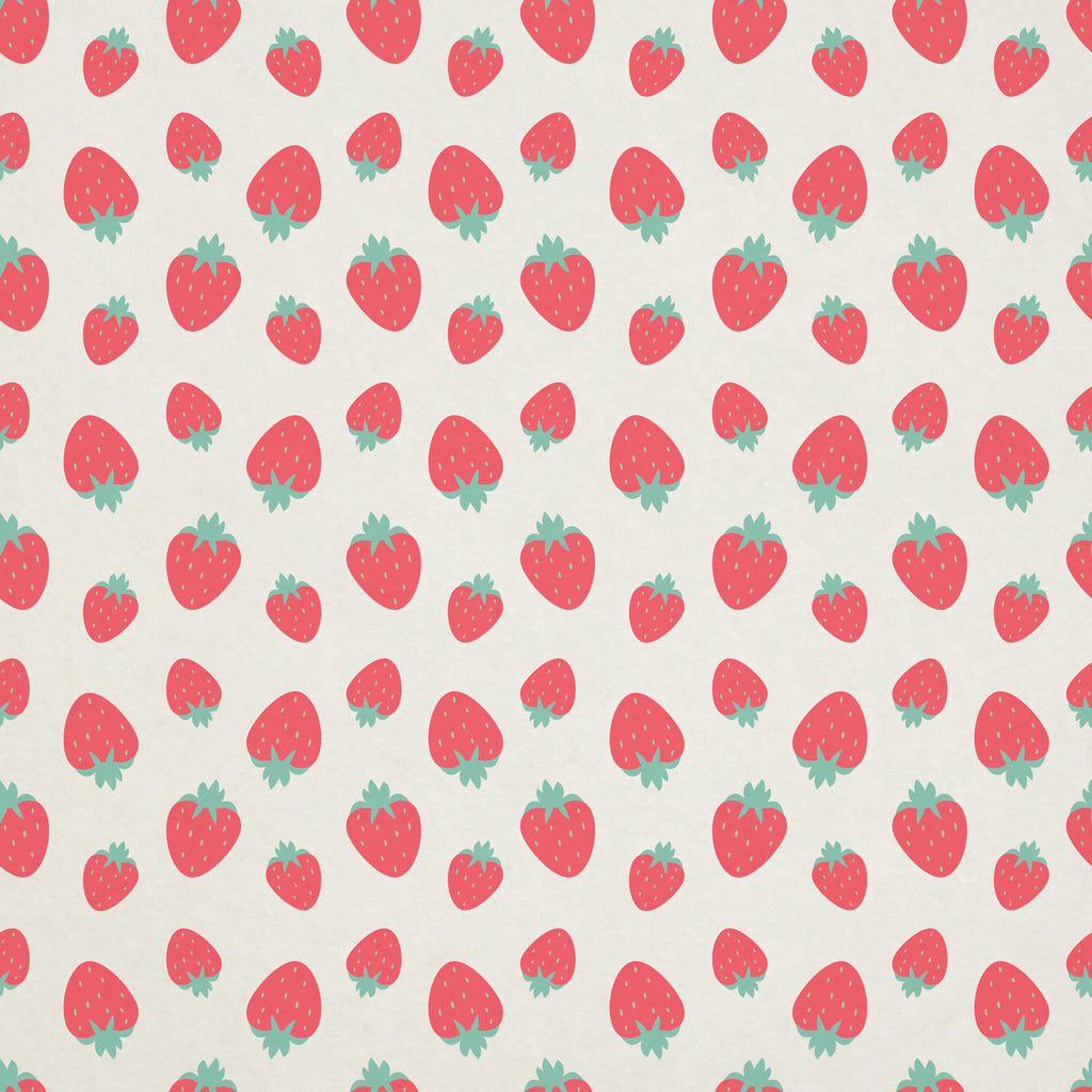 Berry Sprinkle, peel and stick wallpaper, playful strawberries scatter across a soft neutral background, creating a sweet