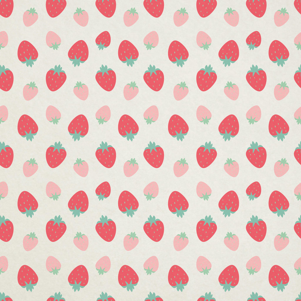 Strawberry Blush, peel and stick wallpaper, a charming mix of red and soft pink strawberries forms a playful repeating