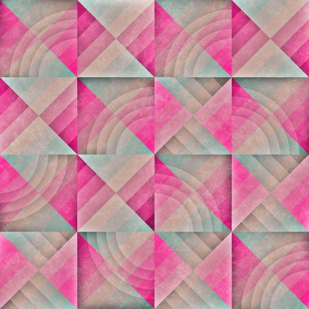 Prism Reverie, peel and stick wallpaper, layered geometric tiles blend soft arcs and angled forms in vibrant pinks