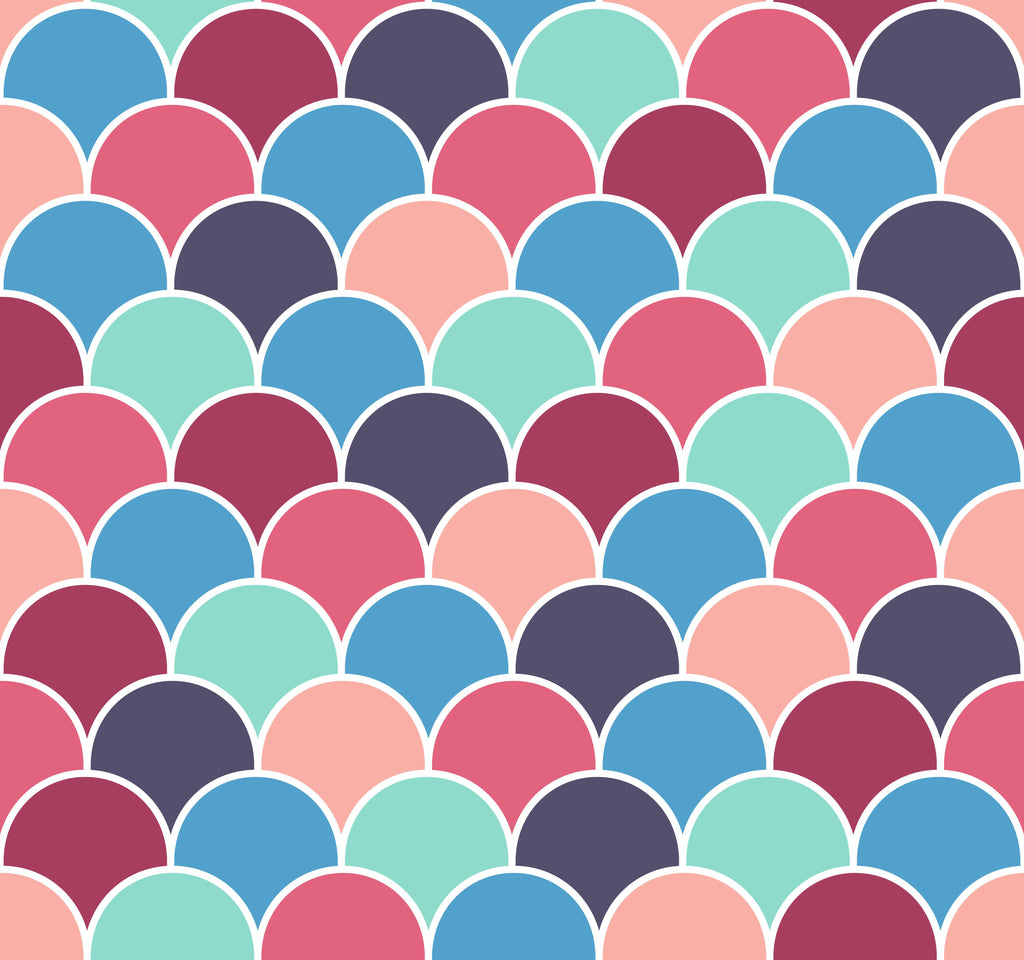 Pastel Scales, peel and stick wallpaper, overlapping scallop shapes in playful pastel colors create a cheerful geometric