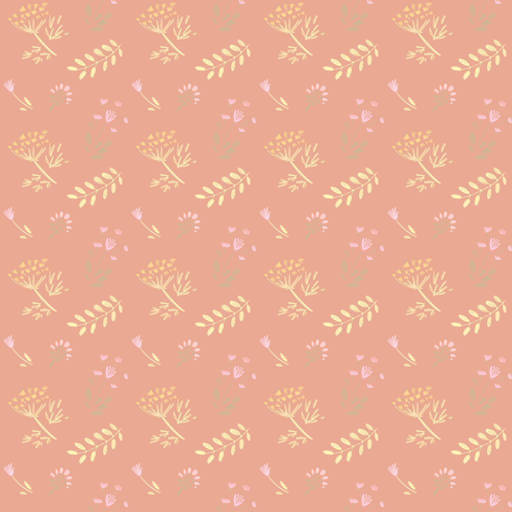 Meadow Whispers, peel and stick wallpaper, soft botanical sprigs and delicate wildflowers scatter across a warm earthy