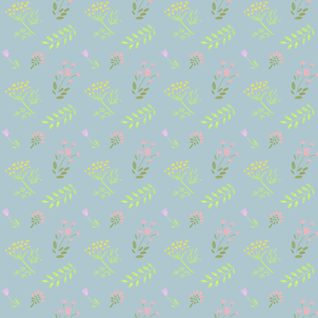 Garden Breeze, peel and stick wallpaper, light botanical sketches and tiny blossoms drift across a calm blue background
