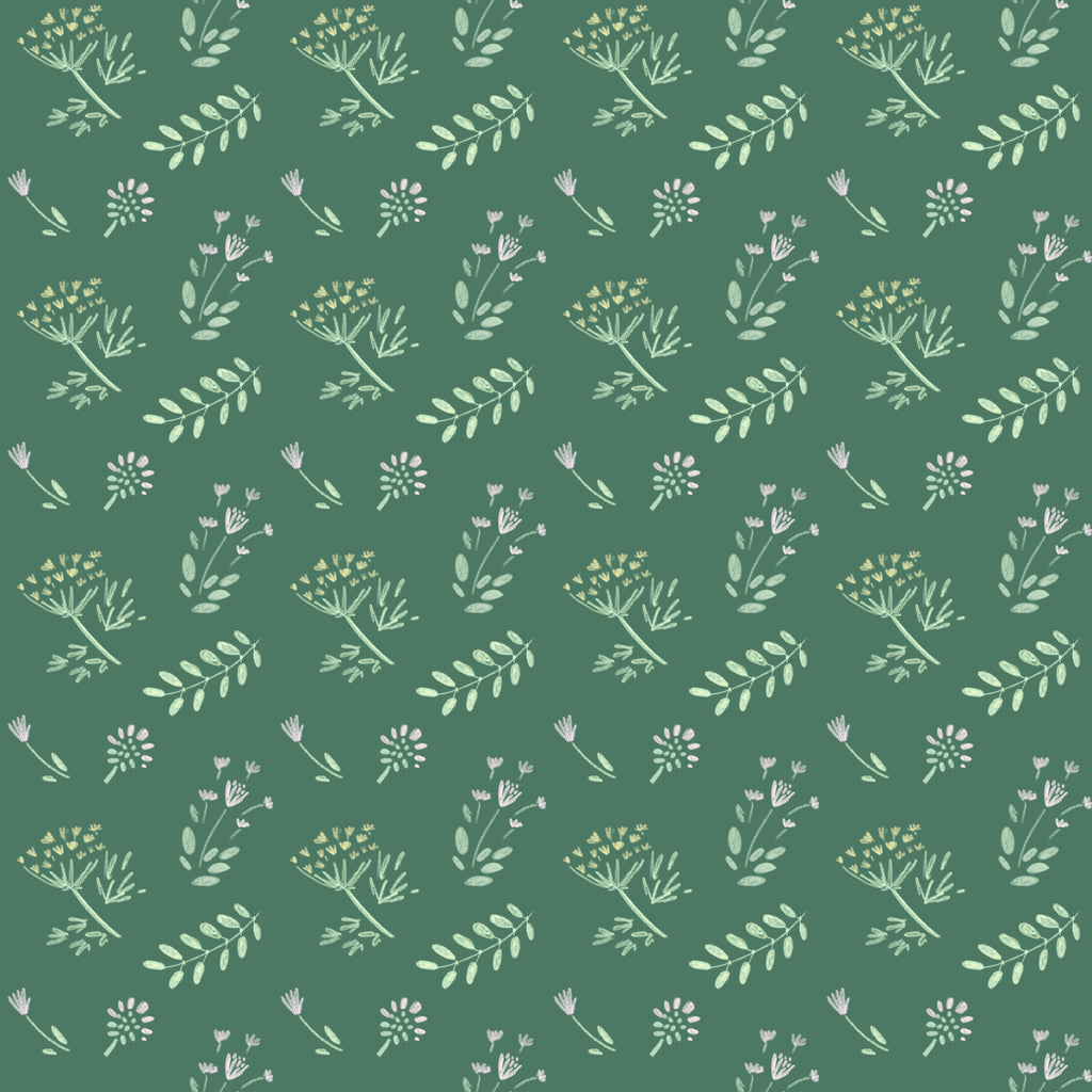 Forest Sprigs, peel and stick wallpaper, delicate botanical sketches repeat across a rich green background