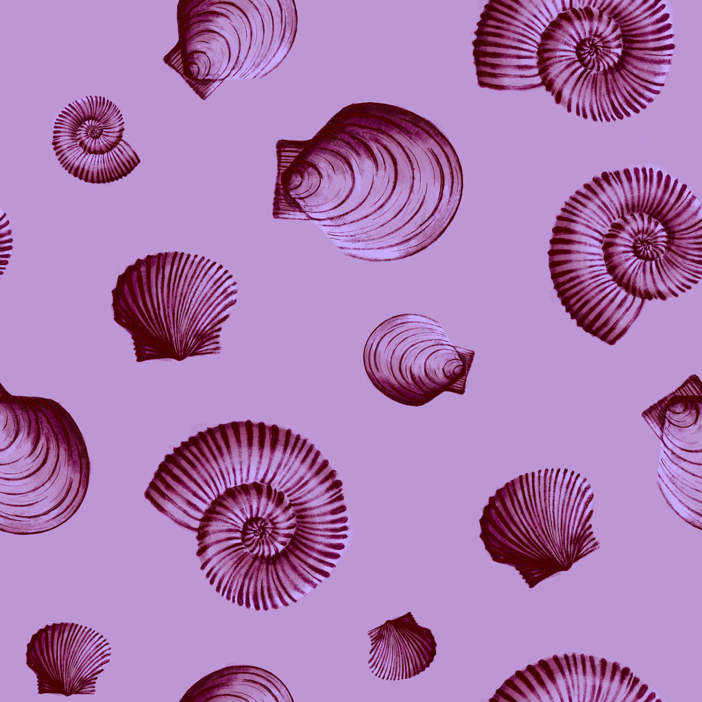 Plum Shells, peel and stick wallpaper, detailed seashell illustrations repeat across a soft lavender background
