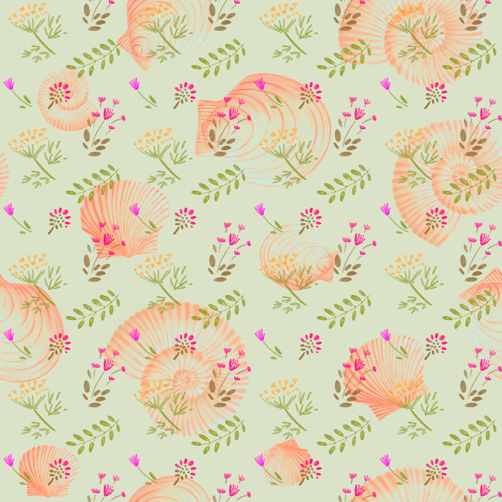 Meadow Shells, peel and stick wallpaper, soft seashell sketches blend with tiny wildflowers across a gentle sage