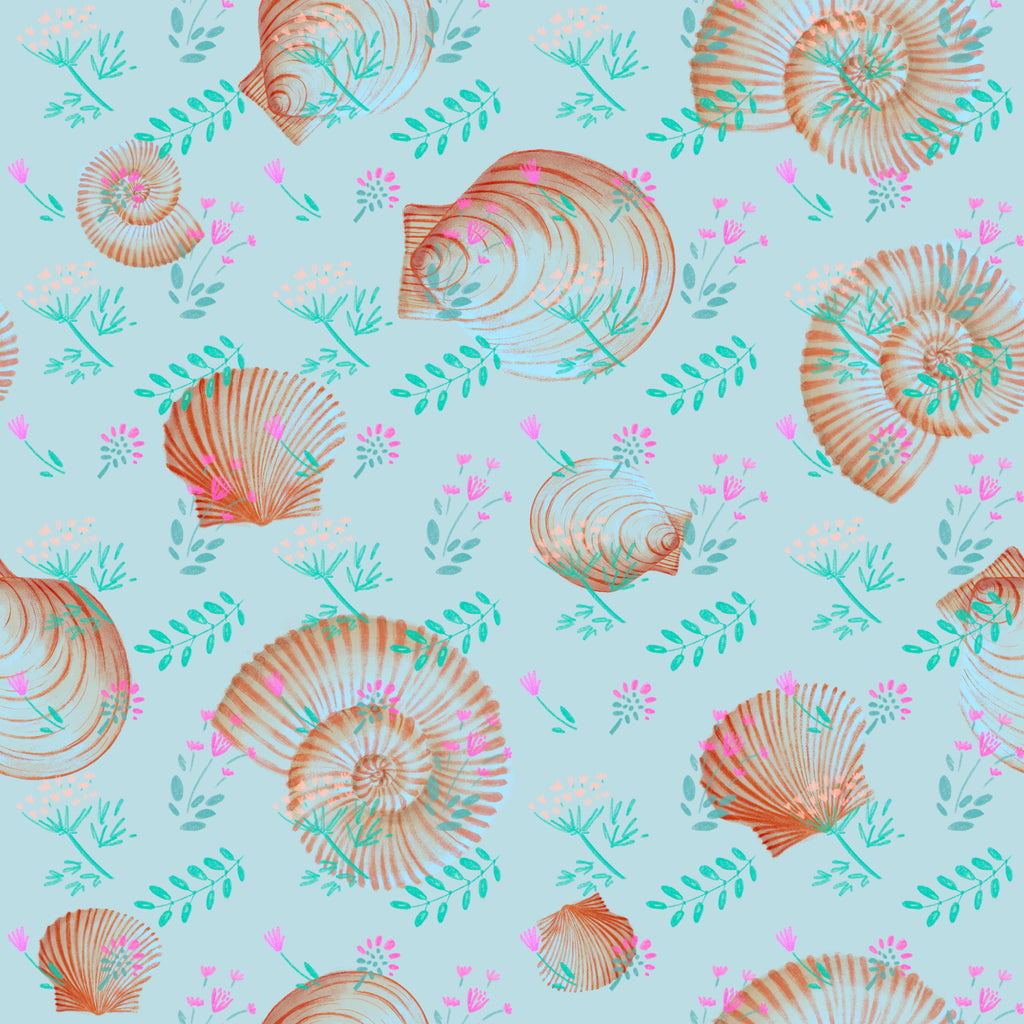 Coastal Garden, peel and stick wallpaper, seashell illustrations mingle with tiny floral accents across a calm blue