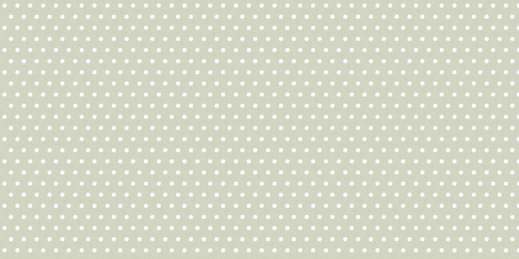 Meadow Dot wallpaper with white polka dots on a soft sage-green ground