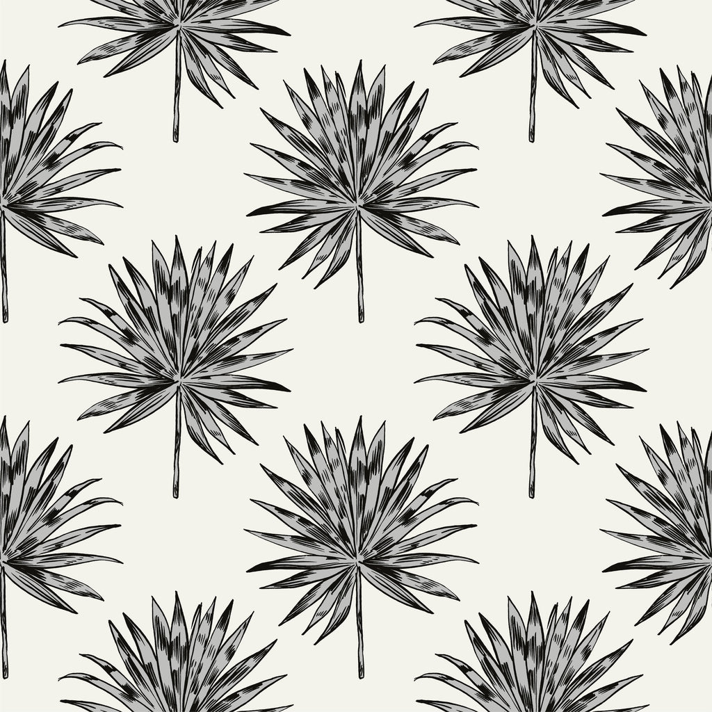 Palm Sketch, peel and stick wallpaper, bold illustrated palm leaves repeat across a soft neutral background, blending
