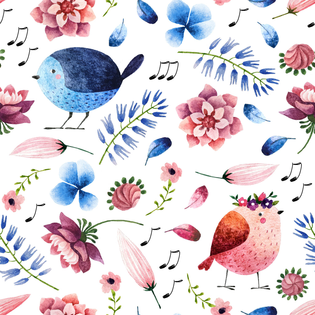 Melody Birds, peel and stick wallpaper, charming watercolor birds, blooming flowers, and playful musical notes