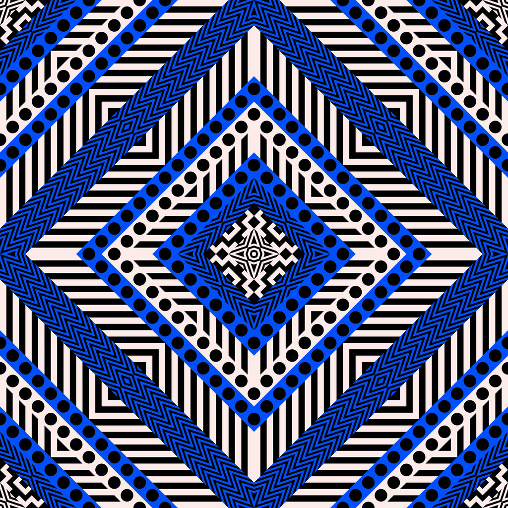 Electric Geometry, peel and stick wallpaper, bold geometric layers collide in striking blue, black, and cream