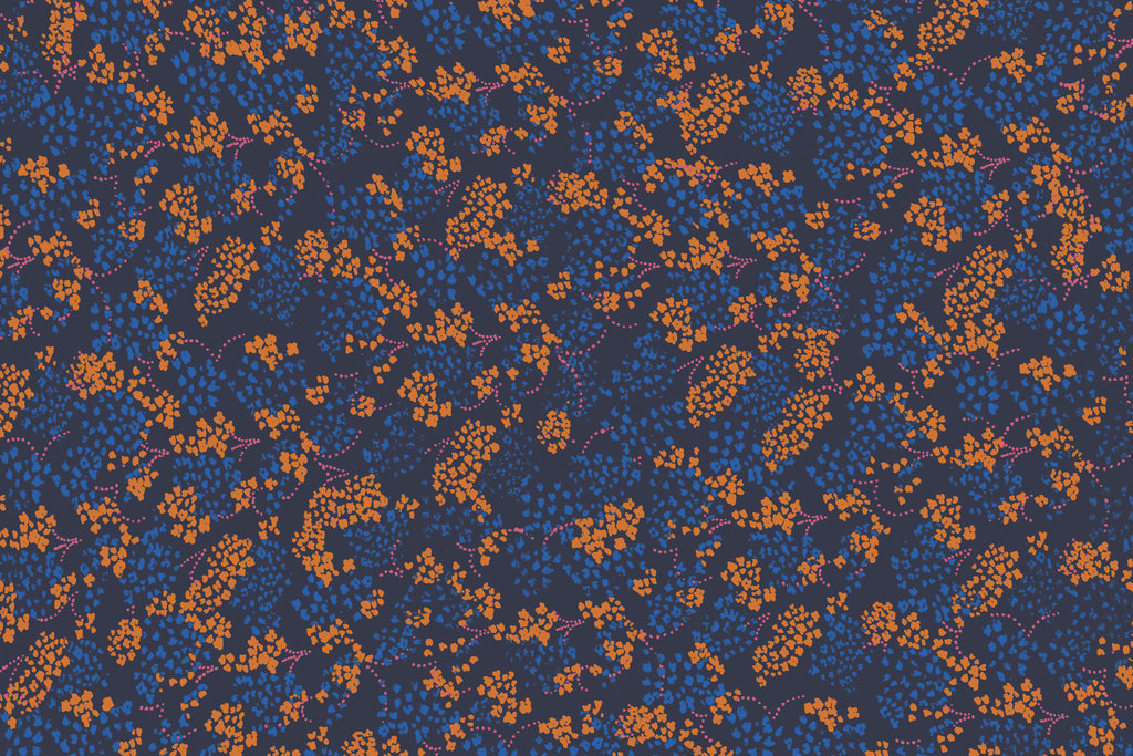 Midnight Blossoms, peel and stick wallpaper, clusters of tiny floral shapes in vibrant blue and warm orange scatter