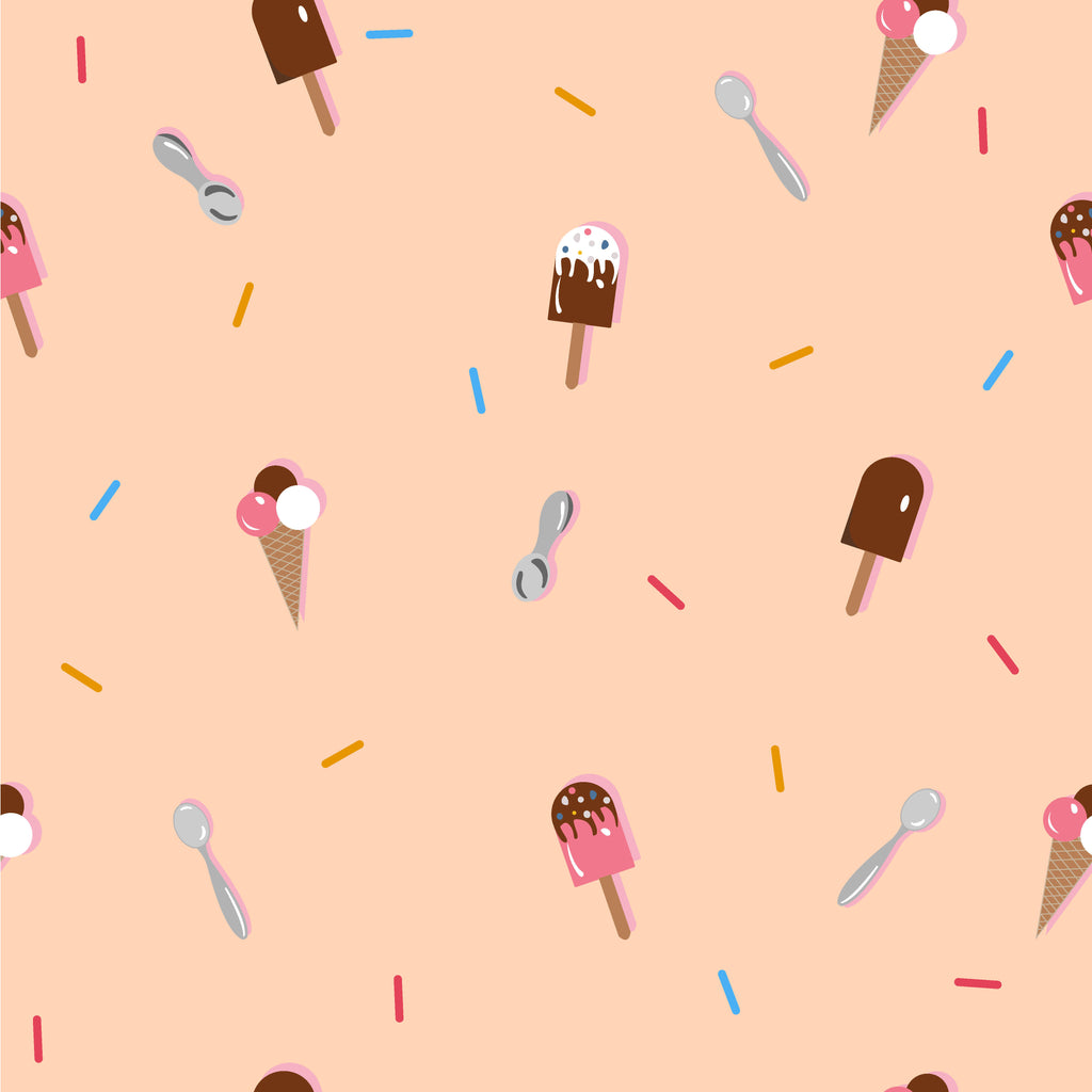 Sweet Scoops, peel and stick wallpaper, playful ice cream cones, popsicles, and colorful sprinkles scatter across a warm