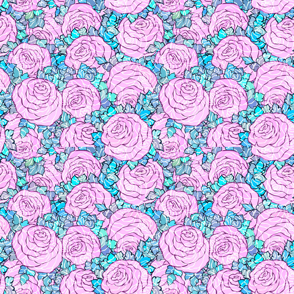 Violet Roses, peel and stick wallpaper, layered rose blossoms in soft violet tones intertwine with cool blue leaves