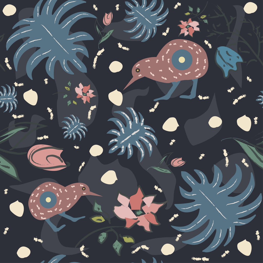 Midnight Whimsy, peel and stick wallpaper, playful illustrated birds wander through tropical leaves and scattered petals