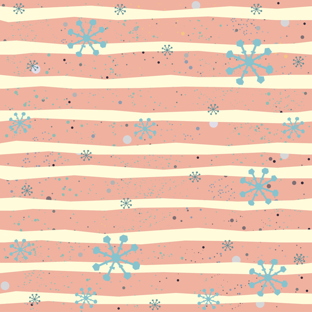 Frosted Stripes, peel and stick wallpaper, soft horizontal bands in warm peach tones are sprinkled with playful snowflake