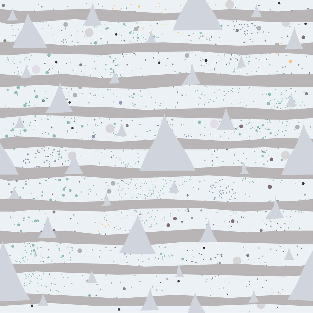 Winter Pines, peel and stick wallpaper, minimal pine tree silhouettes rest across soft horizontal bands in cool gray
