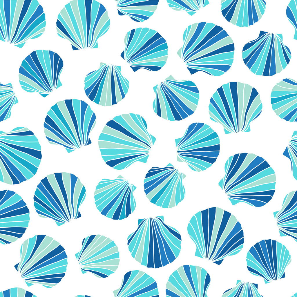 Aqua Shells, peel and stick wallpaper, layered scallop shells in cool aqua and deep blue tones create a refreshing coastal