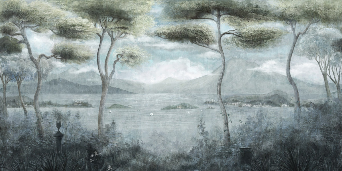 Lake Como Mural in Blue by Alessandro Scanziani, wallpaper mural