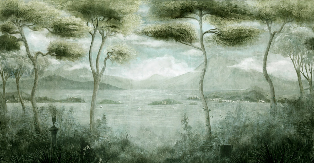 Lake Como Mural in Green by Alessandro Scanziani, wallpaper mural