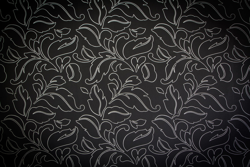 Noir Damask wallpaper with silver floral tracery on black