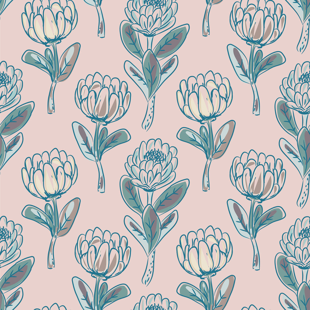 Blush Protea, peel and stick wallpaper, hand illustrated floral stems repeat across a soft blush background, blending