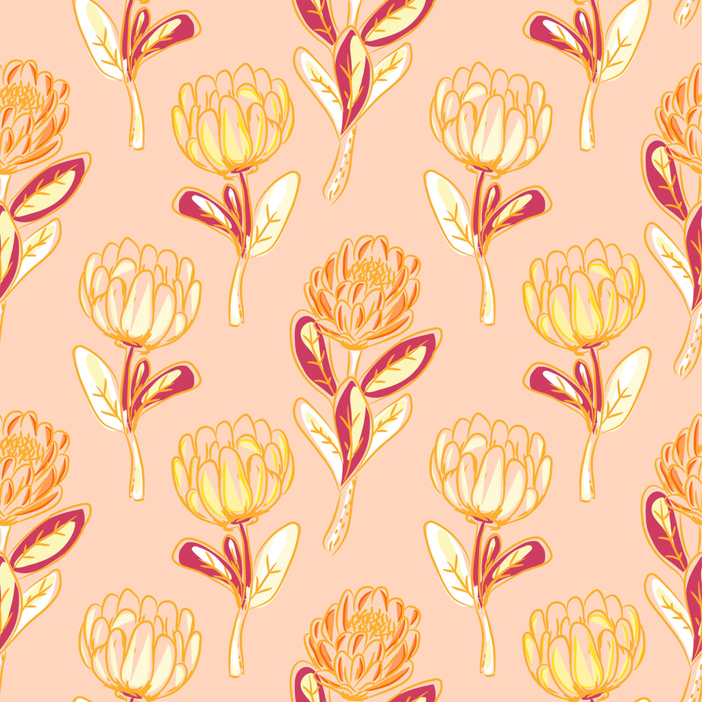 Golden Protea, peel and stick wallpaper, cheerful protea blooms repeat across a warm peach background, accented