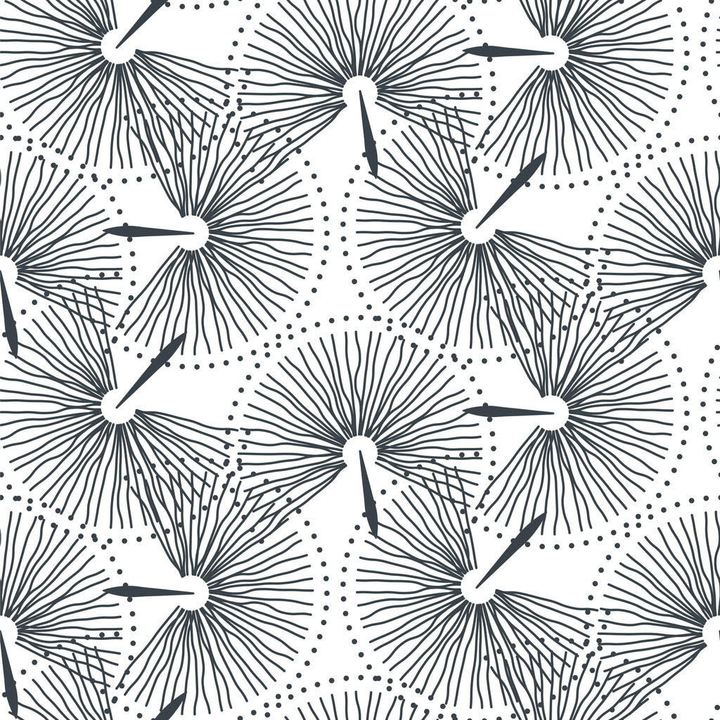 Ink Bursts, peel and stick wallpaper, radiating linework forms repeating starburst shapes connected by delicate dotted