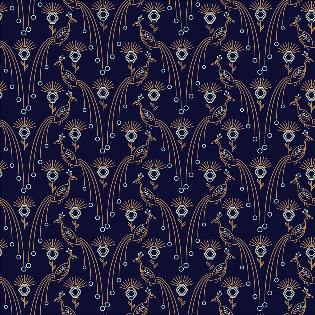 Peacock Midnight, peel and stick wallpaper, elegant peacock illustrations with flowing feather lines and geometric floral