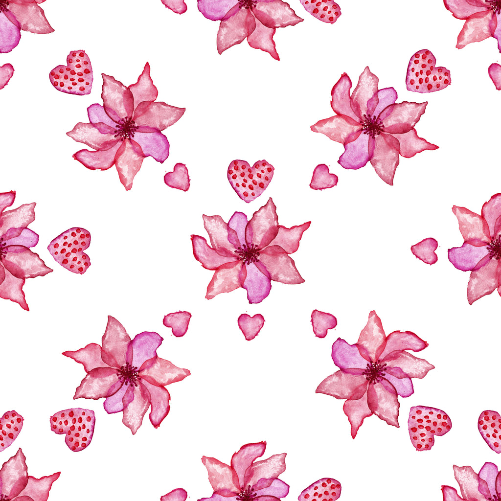 Berry Blossoms, peel and stick wallpaper, pink watercolor flowers and playful berry-shaped hearts create a sweet, cheerful