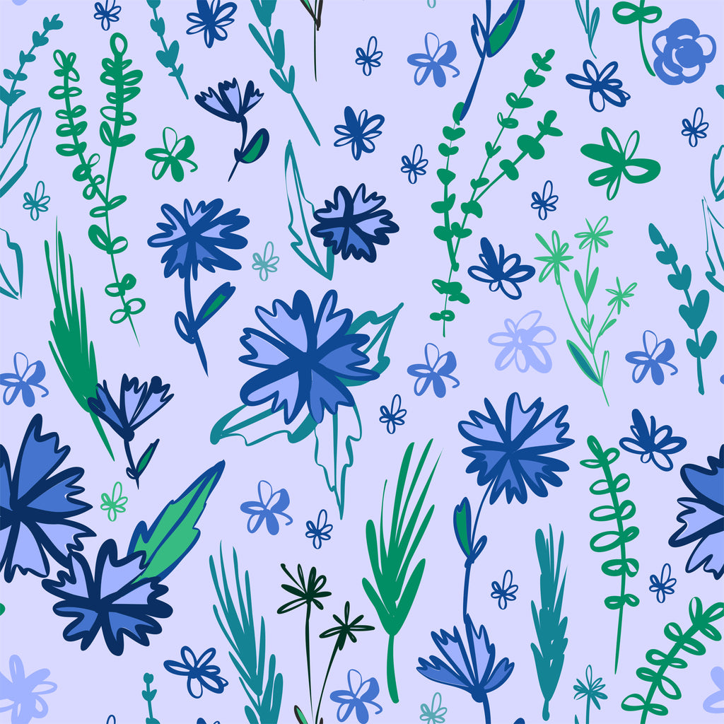 Meadow Sketch, peel and stick wallpaper, hand-drawn wildflowers and leafy stems scatter across a soft pastel background
