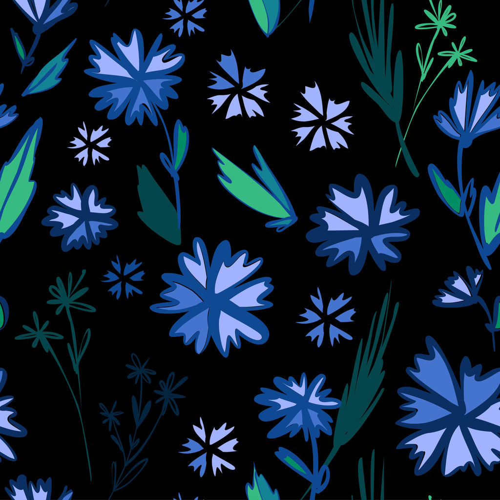 Midnight Meadow, peel and stick wallpaper, bold blue florals and leafy silhouettes bloom across a deep dark background