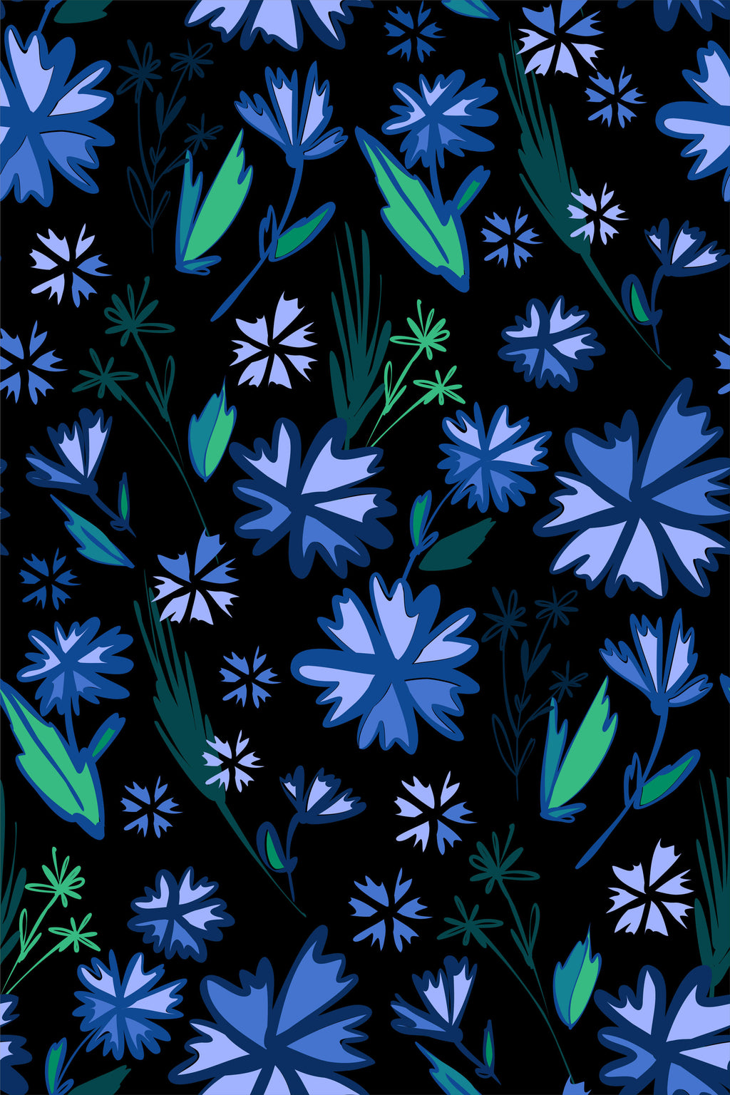 Night Florals, peel and stick wallpaper, stylized blue blossoms and leafy stems scatter across a rich dark background