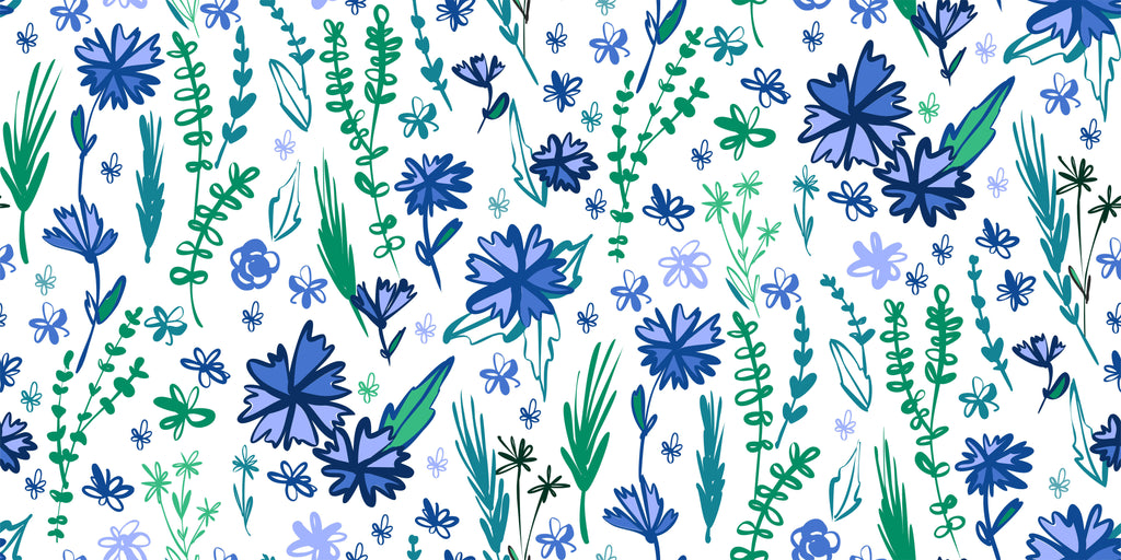 Garden Doodles, peel and stick wallpaper, playful illustrated flowers and leafy stems fill the surface in a lively