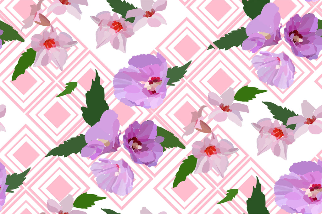 Floral Lattice, peel and stick wallpaper, soft purple blossoms and delicate petals rest over a geometric pink lattice