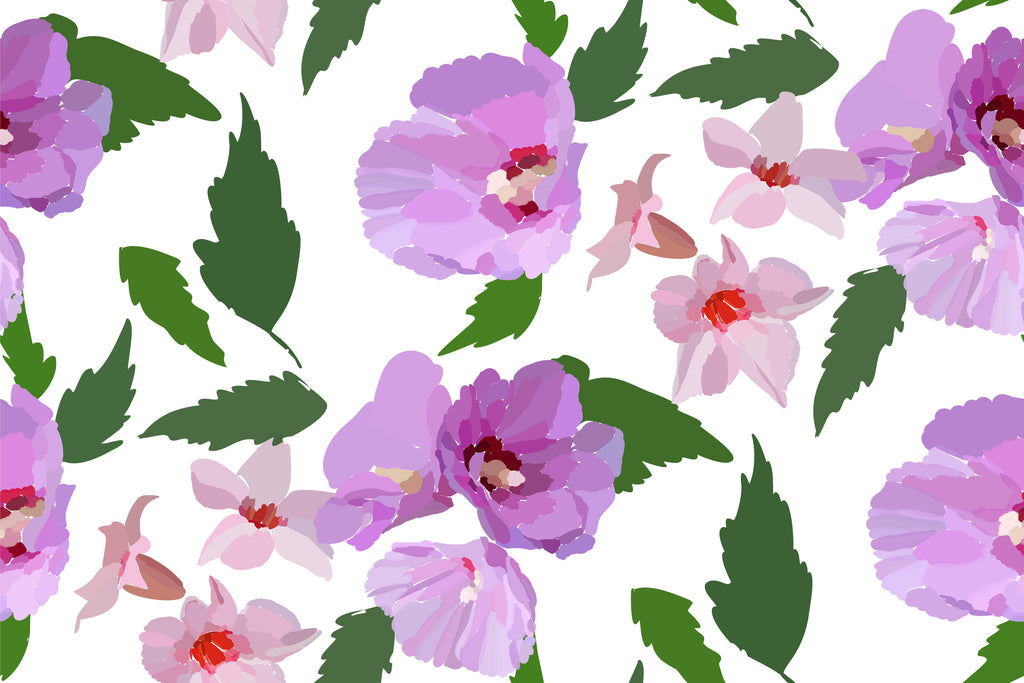 Orchid Scatter, peel and stick wallpaper, purple orchid-style blossoms and soft pink flowers drift