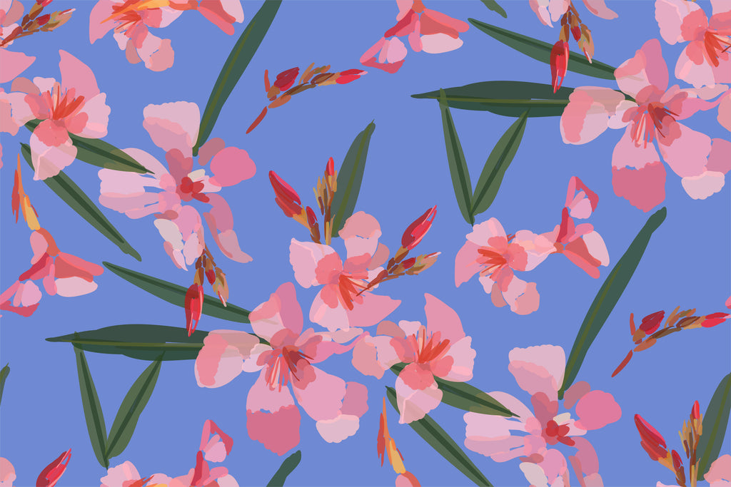 Blossom Breeze, peel and stick wallpaper, soft pink blossoms and slender green leaves flow across a calming blue